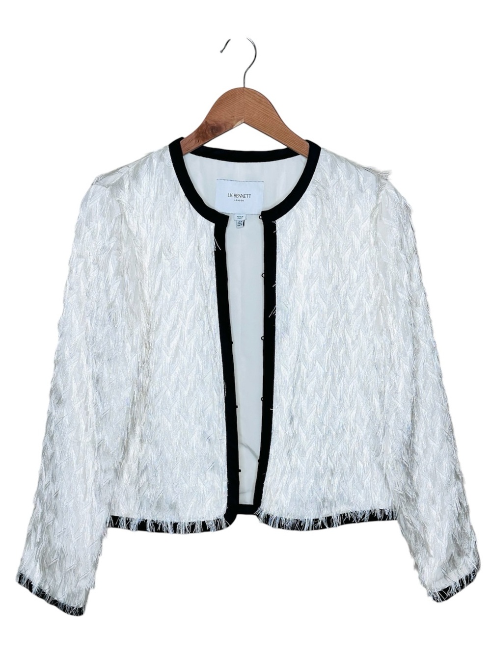 LK Bennett White Fringe Lady Jacket Size 6 US Black Velvet Trim Cocktail